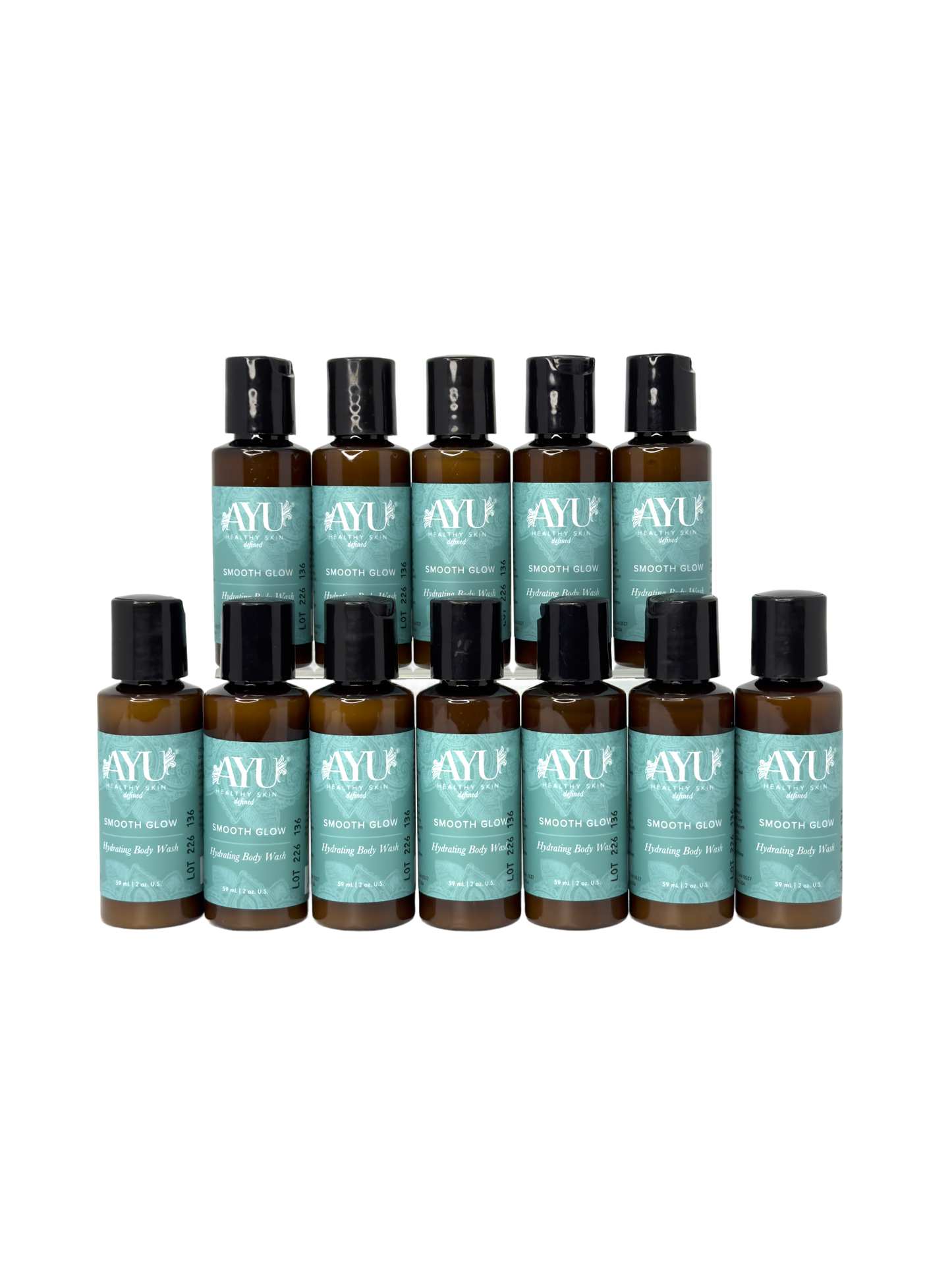 AYU Sunless Smooth Glow Hydrating Body Wash 2 oz bottles, pack of 12