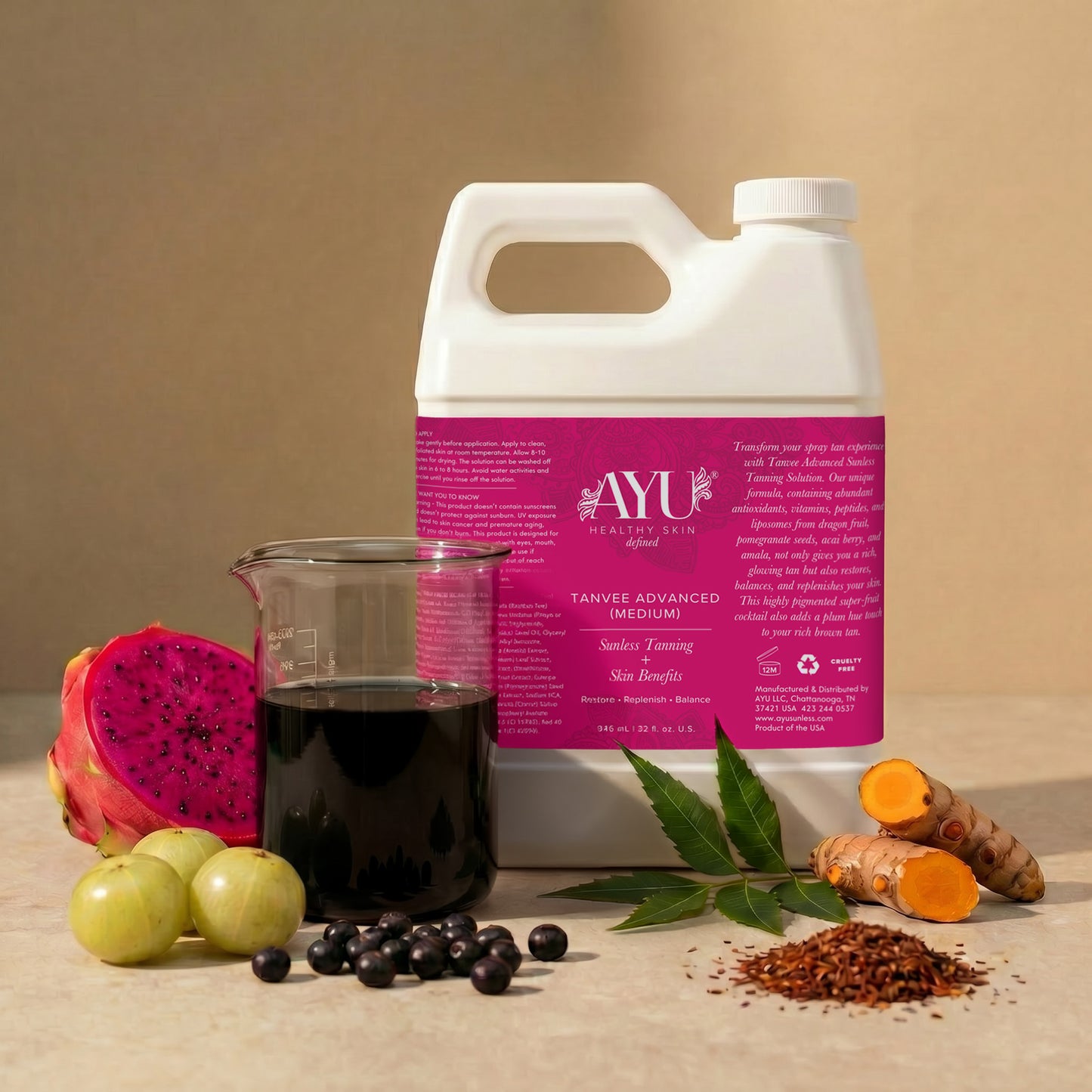 Tanvee Advanced Medium 10% DHA professional spray tan solution with dragon fruit, Amala, and other ingredients on a beige background